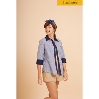 GSP Stephanie เสื้อเชิ้ตแขนสั้นลายทาง สีขาวน้ำเงิน(OWSG7BU)