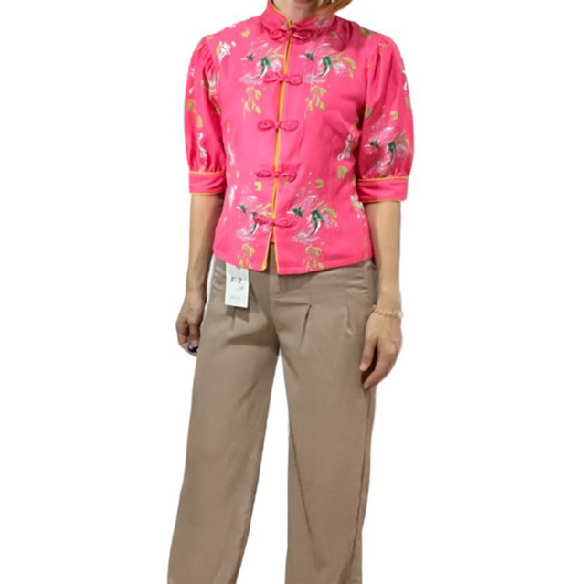 pinky-top-เสื้อกี่เพ้าแขนยก-สีชมพูสดใสมากกระดุมจีน-กี่เพ้าสุดๆ-งานมีไซส์-m-l