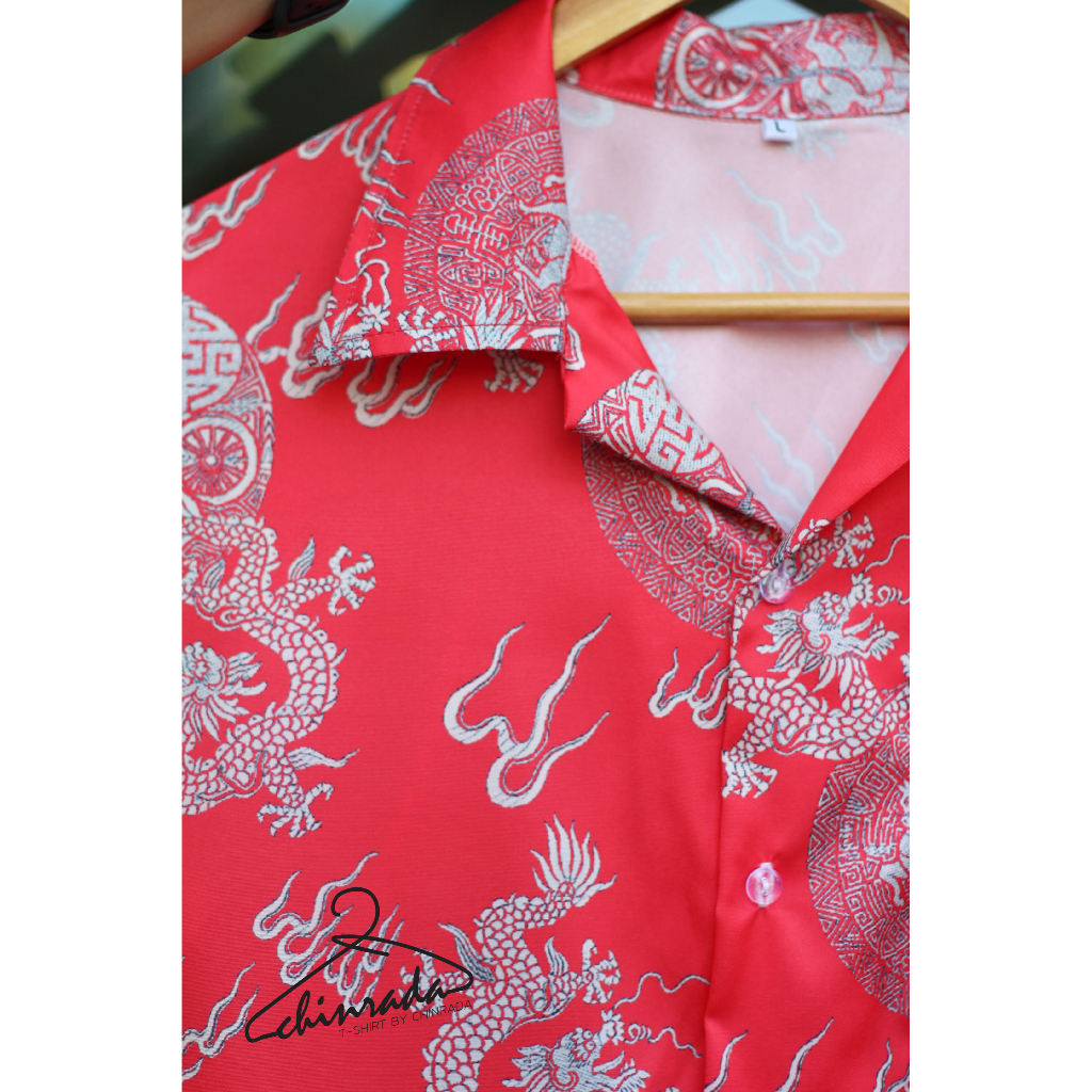 เสื้อฮาวายตรุษจีน-ใส่สบาย-ผ้าไหมอิตาลีนุ่มลื่น-ต้อนรับเทศกาลตรุษจีน-ราคาเดียวทุกไซส์-ส่งจากไทย-เสื้อสีแดง