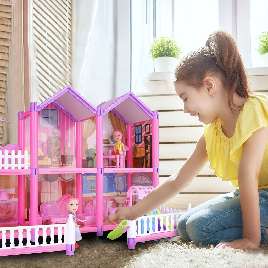 dodojoy-บ้านตุ๊กตา-ของเล่นบ้านชุดปราสาทเจ้าหญิง-บ้านของเล่นตุ๊กตามีระเบียงพร้อมเฟอร์นิเจอร์-ของเล่นเด็ก-gift