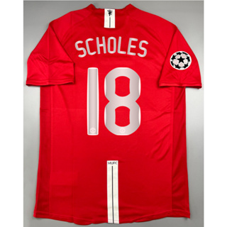 เสื้อบอล ย้อนยุค แมนยู 2007 เหย้า Retro Manchester United Home พร้อมเบอร์ชื่อ 18 SCHOLES อาร์มยูฟ่า แชมเปี้ยนลีค