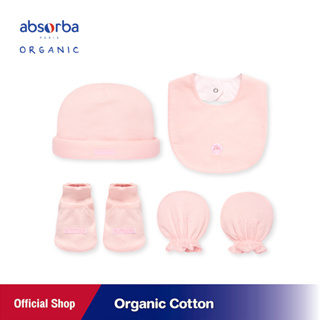 แอ็บซอร์บา (แพ็ค 1 เซ็ต) เซ็ตหมวก ถุงมือ ถุงเท้า ผ้ากันเปื้อน ออร์แกนิก คอตตอน สำหรับเด็กแรกเกิด - 3 เดือน Chicky Pink  - AccSet