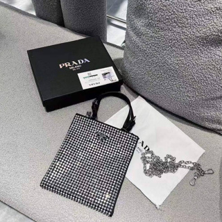 New Prada Embellished Nylon Crystal Bag งานคริสตัล crystal ใบสวย prada ตัวงานกล่อง แพคซีน 💎 Size : 18 × 20 cm.