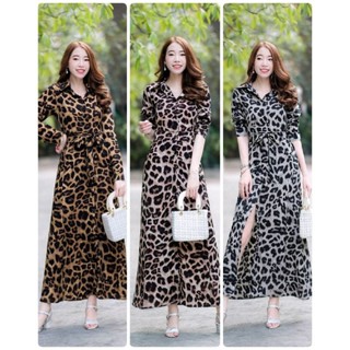 Maxi dress ปกเชิ๊ตลายเสือแขนยาว ติดกระดุมด้านหน้าเปิดได้  มีโบว์ผูกเอวงานผ้าหางกระรอก