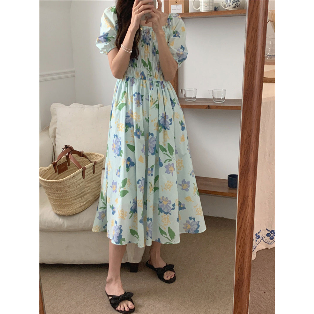 tiana-dress-เดรสยาวแขนสั้น-เดรสลายดอก-เดรสสีฟ้า-เดรสสไตล์เกาหลี-ts1423