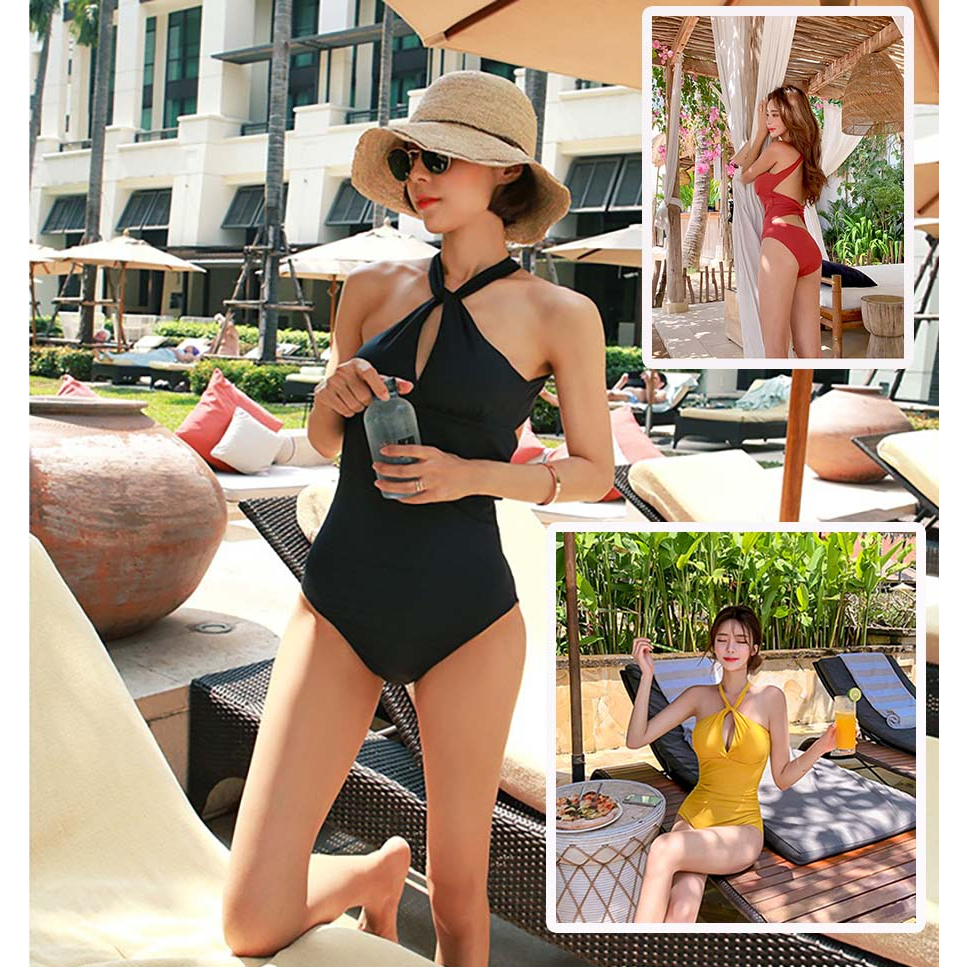 ชุดว่ายน้ำ-พร้อมส่งจากไทย-วันพีชคล้องคอ-เซ็กซี่-โชว์หลัง-เก็บพุงผอมเพียว-สไตส์เกาหลี2023-bikini