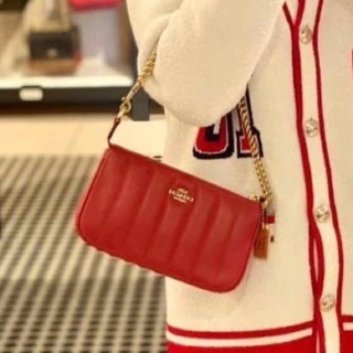 (ผ่อน0%) กระเป๋าคล้องมือ Coach C6512 X Jennifer Lopez Nolita19 With Linear Quilting In Dark Cardinal หนังแท้สีแดง สายโซ่