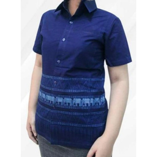 เสื้อม่อฮ่อมพิมพ์ลาย(หญิง)เสื้อคอปกเชิ้ต เสื้อม่อฮ่อมพื้นเมือง เป็นทรงเสื้อซาฟารี รอบอก34-42