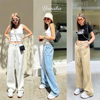 ! Waist Drawstring Jeans  กางเกงยีนส์ขายาวทรงกระบอก ดีเทลขอบลุ้ยๆ เอวด้านหลังสม็อค มีเชือกรูดเอวปรับขนาด