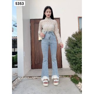 สินค้า ⚡️ส่งไวมาก ⚡️ 5352# กางเกง​ยีนส์ขาม้า มีลูก​ไม้เก๋ๆ น่ารักมาก​เนื้อผ้า​ดีคะใส่กับอะ​ไรก็สวยจ้า​ ดีเทล​เกาหลี​มากกกแม่