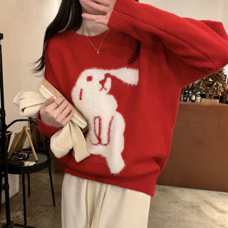 CHERISH (พร้อมส่ง)  เสื้อคลุม แขนยาว แบบสวม ไหมพรม คอกลม Sweater ผ้าหนา มีน้ำหนัก ลายกระต่าย ขนนุ่ม