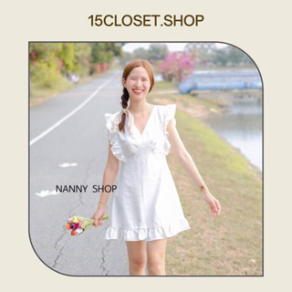 มินิเดรสคอวีแขนระบาย มีเชือกผูกเอว งานซิปหลัง *งานป้าย Nanny*