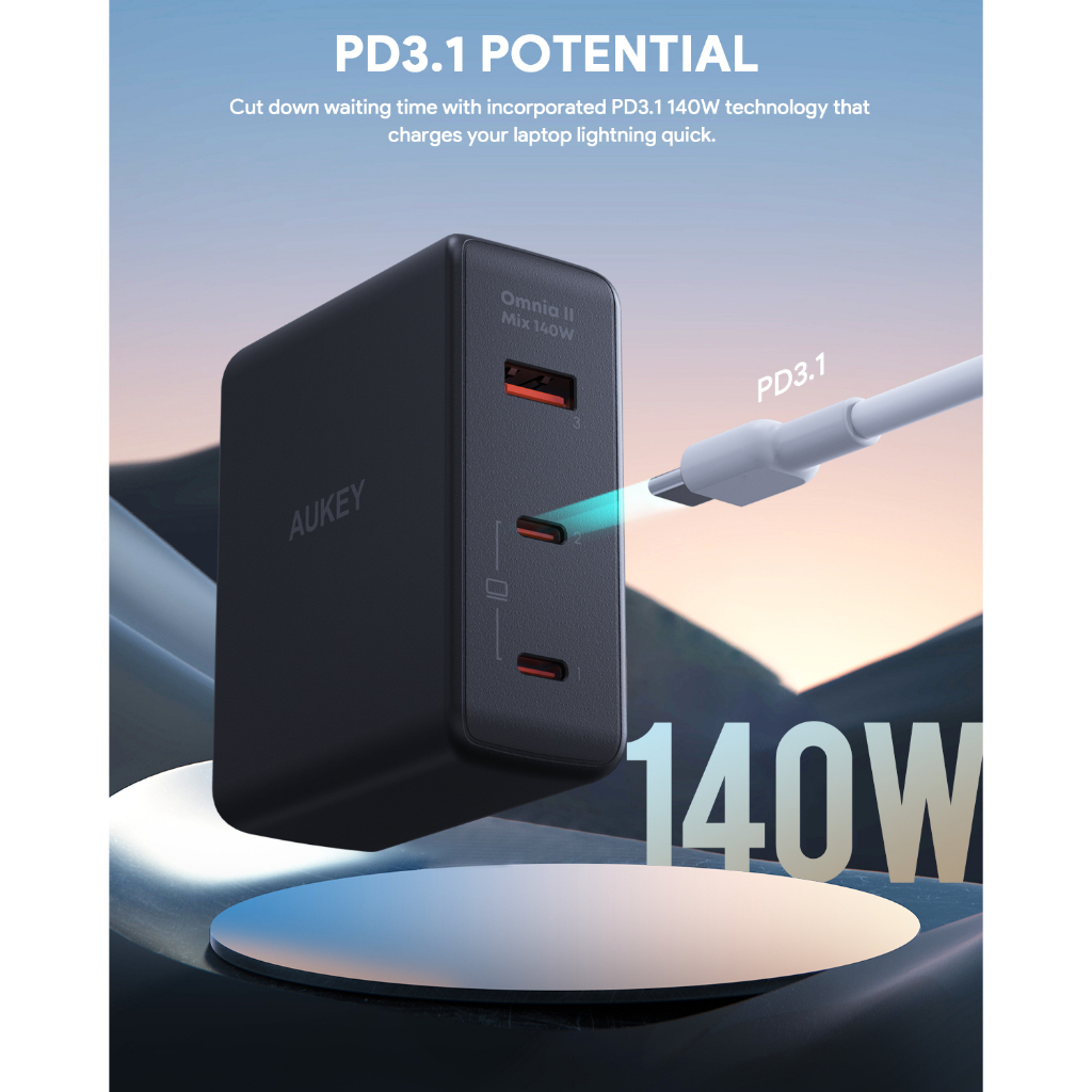 aukey-pa-b7o-หัวชาร์จเร็ว-140w-omnia-ii-mix-3-port-with-gan-pd-3-1-charger-power-tech-หัวชาร์จเร็วสำหรับ-macbook-pro-iphone-15-14-13-12-series-android-laptop-เทคโนโลยี-pd3-1-รุ่น-pa-b7o