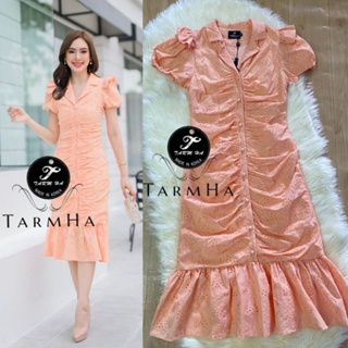 สวยละมุน!!! S-6XL Dress เดรสสีโอรสผ้าปักฉุลายกระดุมหน้า งานป้าย Tarm Ha