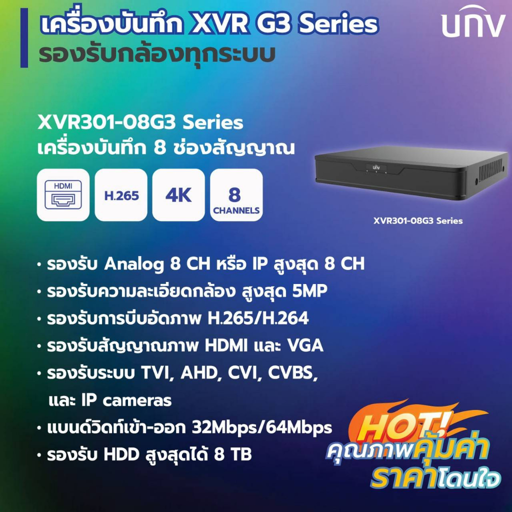 uniview-เครื่องบันทึกกล้องวงจรปิด-5mp-8ch-รุ่น-xvr301-08g3