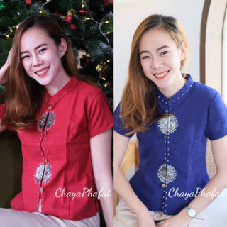 เสื้อผ้าคอจีนแขนสั้นแต่งครึ่งเสี้ยว