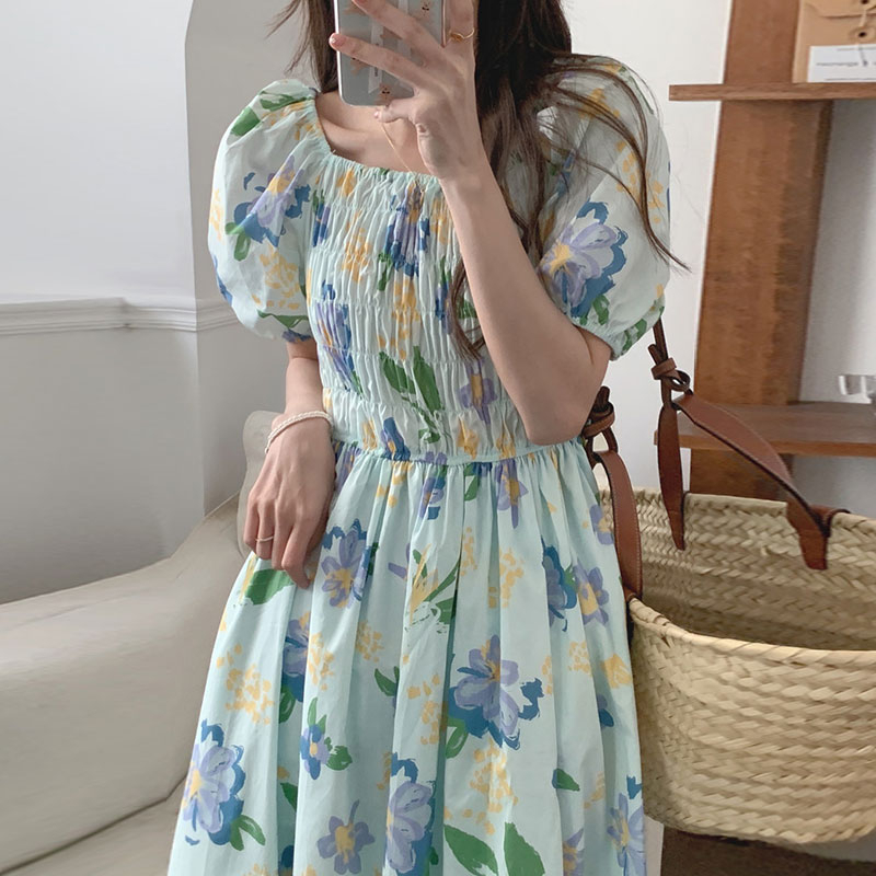 tiana-dress-เดรสยาวแขนสั้น-เดรสลายดอก-เดรสสีฟ้า-เดรสสไตล์เกาหลี-ts1423