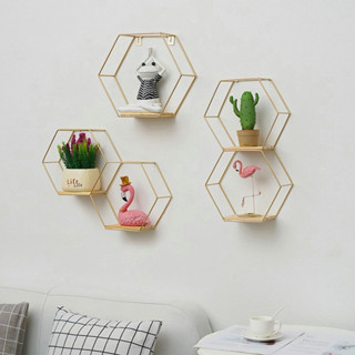 Wall Organizer ชั้นวางของเหล็กหกเหลี่ยมห้องนั่งเล่นแขวนผนังเก็บห้องนอนตกแต่งห้องน้ำอุปกรณ์เสริม