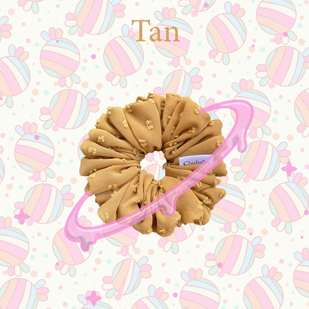 tan-12cm-ยางรัดผมผ้าชีฟองจุด-รุ่น-candy-scrunchies-ยางมัดผม-ยางรัดผมโดนัท