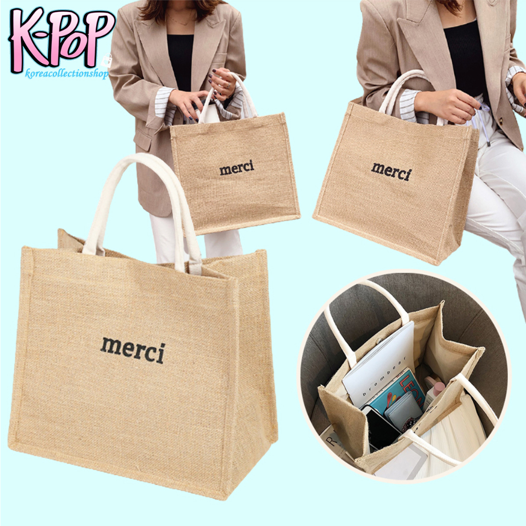 ภาพหน้าปกสินค้าKOREA(KR1321) กระเป๋าผ้าลินิน merci กระเป๋าช้อปปิ้ง