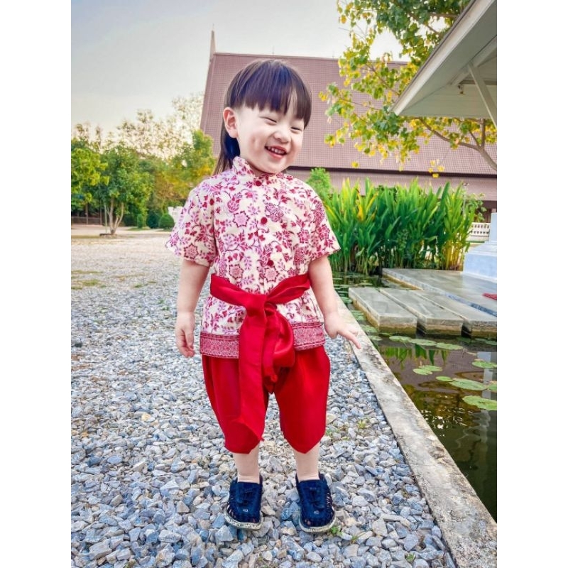 ชุดไทยเด็กชายใส่วันสงกรานต์-เสื้อคอตั้งผ้าคอตต้อนใส่สบาย-โจงผ้าไหมเทียม