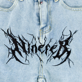 9FEB AU003 ลาย Thunder mid logo jeans แถมถุงผ้าแบรนด์ ninefeb