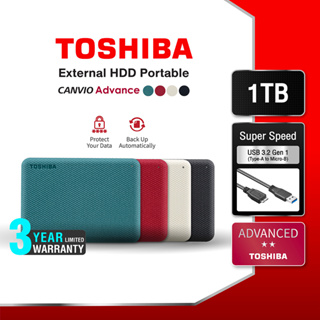 Toshiba External (1TB) ฟรี! กระเป๋ากันกระแทก  USB 3.2 SuperSpeed, HDD 2.5 รุ่น (Canvio Advance V10) Security/Auto-backup สี Green/Black/Red/White ฮาร์ดดิสพกพา External Harddisk Harddrive