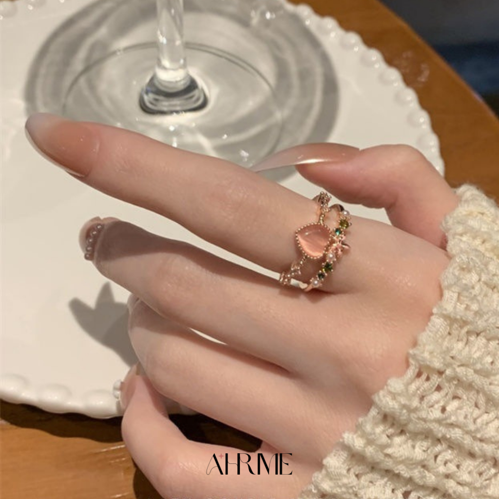 ri005-แหวนเจ้าหญิง-แต่งพลอยชมพู-สีพีช-น่ารักม๊ากกกดาวล้านดวง-ahrime-bkk