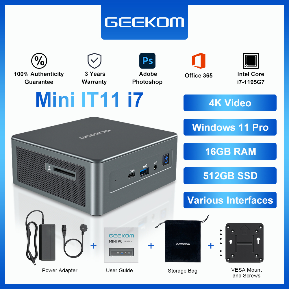 Mini PC, GEEKOM Mini IT11, Intel Core i7-11390H (4 Cores 8 Thread, Up to  4.5 Ghz) 16GB DDR4 512G M.2 SSD, Mini Desktop Computer 8K HDMI, Type-C, USB4.0