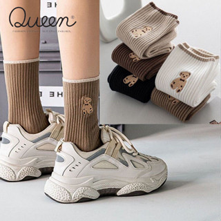 Queens WardrobeBeautiful ถุงเท้าข้อสั้น ผ้าฝ้าย ลายหมี แฟชั่นสําหรับผู้หญิง 1 คู่