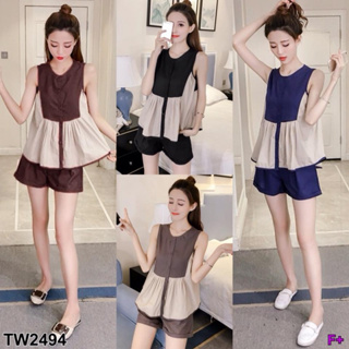 TW2494 Set 2 ชิ้น เสื้อเชิ้ตคอกลม แขนกุด+กางเกงขาสั้น