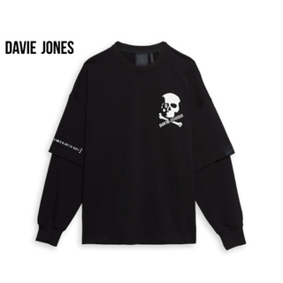 DAVIE JONES เสื้อสเวตเตอร์ โอเวอร์ไซส์ พิมพ์ลาย สีดำ  Graphic Print Sweater in black SW0017BK