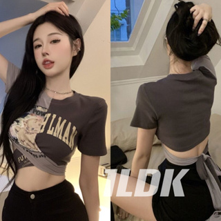 1LDK🌈พร้อมส่ง🌈เสื้อครอป แขนสั้นคอกลม ผูกเอวแบบY2K ลายแมว(978)