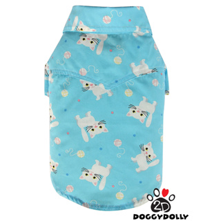 Petcloths -Doggydolly  เสื้อผ้าแฟชั่น สัตว์เลี้ยง ชุดน้องหมาน้องแมว เสื้อเชิ๊ต คอปก สีฟ้า ลายเหมียว ไซส์ 1-9 โล  S127