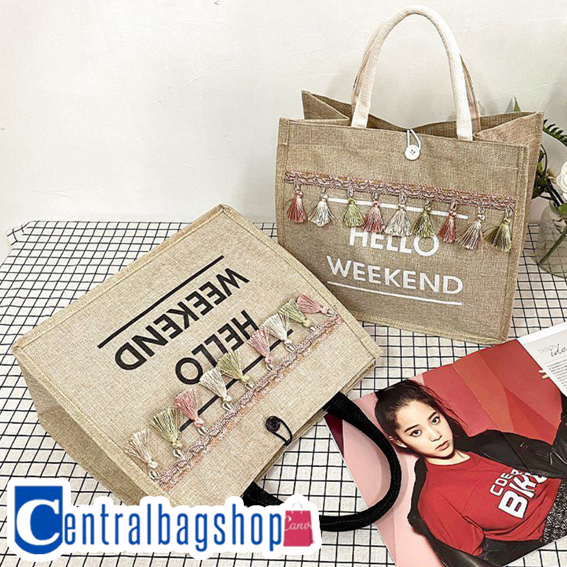 centralbagshop-c1750-กระเป๋าสานกระเป๋าถือ-hello-weekendใบใหญ่ใส่ของได้เยอะ