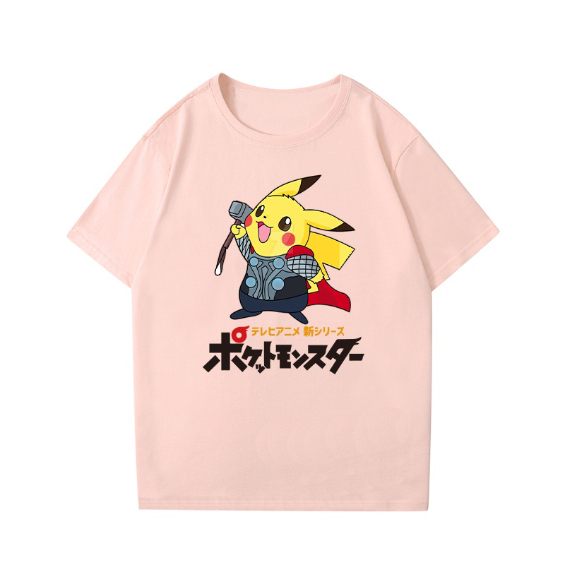 เสื้อยืดลาย-pikachu-น่ารัก-แขนสั้น-เสื้อโอเวอร์ไซส์สำหรับผู้ชายและผู้หญิงคอกลม