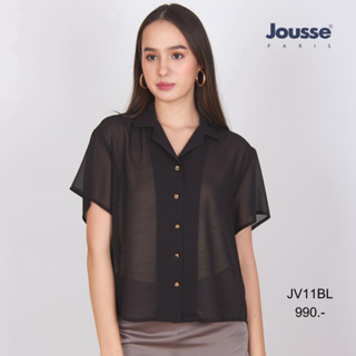 Jousse Blouse เสื้อชีฟองสีดำซีทรู เนื้อผ้าบางเบา ใส่สบาย คอปก กระดุมหน้า (JV11BL)