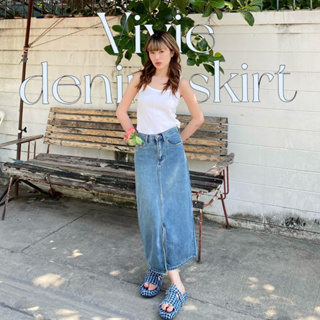 chuuchop_พร้อมส่ง(C7966)🧸🧺Vivie denim skirt กระโปรงทรงเอผ่าหน้า