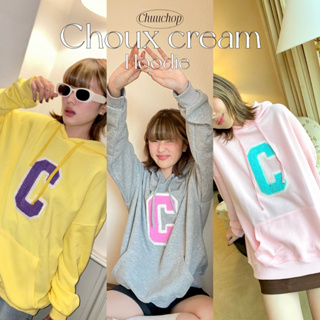 chuuchop_พร้อมส่ง(C7959)🧴🫧Choux cream hoodie เสื้อฮู้ดแขนยาว ปักตัว C ตรงกลาง