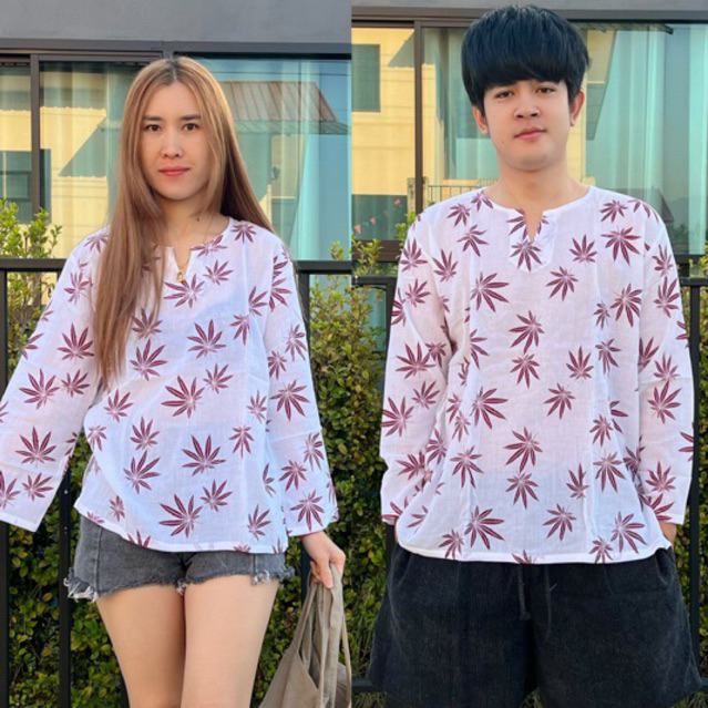 เสื้อสาลูผู้ชายแขนยาว-สีขาวพิมพ์ลาย-บางเบาใส่สบาย-ใส่ได้ทั้งขายและหญิง