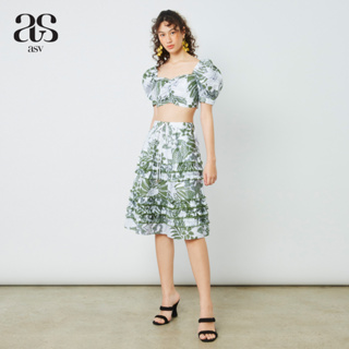 [asv rs23] Tropical Bay Tiered Skirt กระโปรงผู้หญิง ทรงแฟลร์ แต่งเชือกผูกเอว แต่งระบาย ผ้าลายดอกไม้
