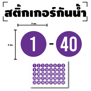 สติ๊กเกอร์ตัวเลข สติกเกอร์เลข (ตัวเลข1-40) ขนาด 3x3ซม. สีม่วงเลขขาว 1แผ่น 40ดวง รหัส [F-017]