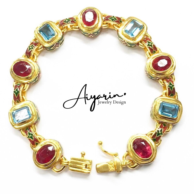 aiyarin-jewelry-design-สร้อยข้อมือเงินเเท้925-ฝังพลอยเเท้ทับทิม-บลูโทปาส-ชุบทองคำหนาพิเศษลงยาถม-ฝีมือช่างทองหลวง