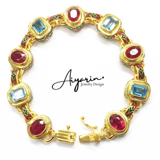 Aiyarin Jewelry Design สร้อยข้อมือเงินเเท้925 ฝังพลอยเเท้ทับทิม บลูโทปาส ชุบทองคำหนาพิเศษลงยาถม ฝีมือช่างทองหลวง