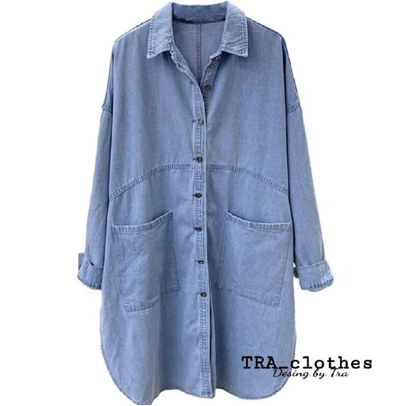 ทักก่อนสั่ง-เดรสเชิ้ตผ้ายีนส์ฟอกนิ่ม-freesize-อก46