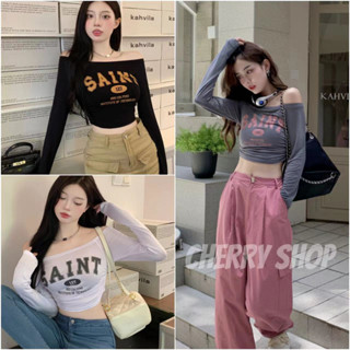 cherryshop พร้อมส่ง🔥เสื้อท่อนบน🍒เสื้อแขนยาวพิมพ์ลายตัวอักษร, เสื้อยืดปิดไหล่ด้านบน