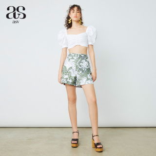 [asv rs23] Floral Tropical Shorts กางเกงผู้หญิง ขาสั้น เอวสูง แต่งคาดเข็มขัด ผ้าลายดอกไม้