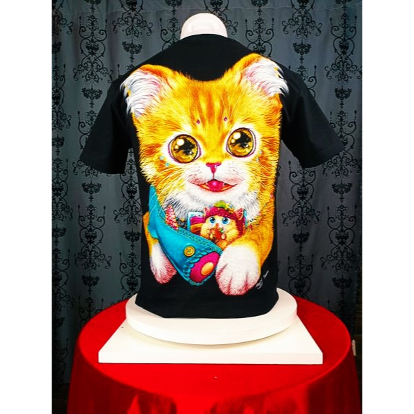เสื้อยืด-คอกลม-สีดำ-rook-chang-ลายแม่แมวกับลูกแมว