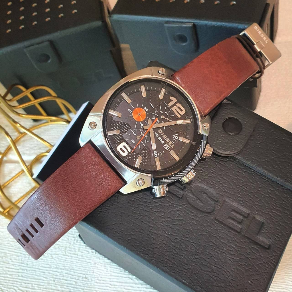 แท้-พร้อมส่ง-นาฬิกา-diesel-dz4204-chronograph-black-dial-brown-leather-mens-watch-กันน้ำได้-10atm