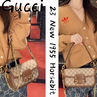 Gucci 23 New 1955 Horsebit/Canvas Leather Messenger/กระเป๋าสะพายไหล่/ตัวแทนจัดซื้อของแท้จากอิตาลี/กระเป๋าสุภาพสตรี